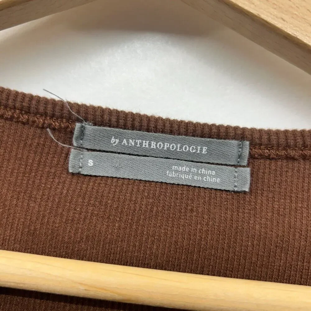 Anthropologie Neutral Brown Minimalist Ribbed Cut Out Long Sleeve Top Small - Picture 6 of 7